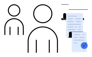 Belge benzeri çarşafların yanında iki basit insan figürü, birinin üzerinde mavi işaret işareti var. İş için ideal, sertifika, belge, takım çalışması, eğitim amaçlı