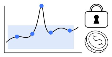 Finansal büyüme eğilimini, güvenlik kilidini ve madeni para simgesini gösteren mavi veri işaretli çizgi grafiği. Finans, yatırım, güvenlik, veri analizleri, maliyet yönetimi, mali planlama sektörü için ideal