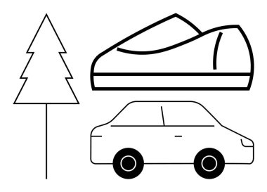 Beyaz arka planda siyah bir ayakkabı, araba ve çam ağacı çizimleri. Minimalist tasarım, grafik tasarım, eğitim, çocuk kitapları, boyama sayfaları, logo oluşturma ve şablon için ideal