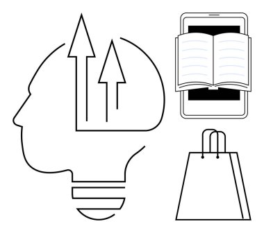 Oklu insan kafası, seyyar ekranda açık kitap ve alışveriş çantası. Eğitim, e-öğrenme, yenilik, yaratıcılık, mobil teknoloji perakende büyümesi için idealdir. Satır metaforu
