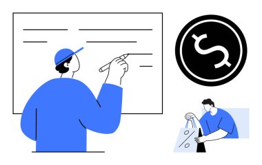 Kalemle beyaz tahtaya yazı yazan bir adam, daire şeklinde dolar işareti ve alışveriş çantasına para koyan bir adam. Eğitim, finans, iş, alışveriş, perakende, planlama sunumları için ideal