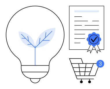 Filizlenme tesisi olan ampul, işaretli şeritli sertifikalı belge ve üç tebligatlı alışveriş arabası. Yenilik için ideal, sürdürülebilirlik, e-ticaret, sertifika
