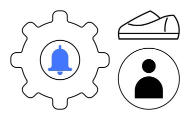 İçinde zil, ayakkabı silueti ve kullanıcı profili simgesi olan bir vites. Üretim, moda, teknoloji, sağlık, iş, alışveriş, kullanıcı etkileşimi Hattı metaforu için ideal