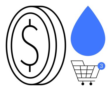 Dolar sembollü sikke, mavi su damlası ve bilgilendirme balonlu alışveriş arabası. Finans, alışveriş, ticaret, ekonomi, iş suyu zenginlik temaları için ideal. Satır metaforu