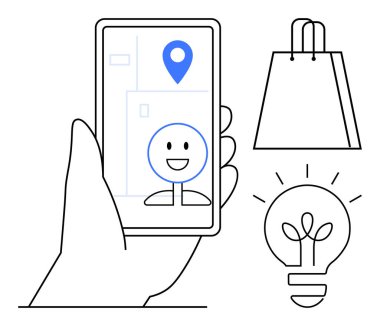 Elinde akıllı bir telefon, üzerinde lokasyon iğnesi, alışveriş çantası ve ampul olan mutlu bir yüz var. Teknoloji, navigasyon, çevrimiçi alışveriş, yenilik, yaratıcılık, kullanıcı deneyimi uygulaması için ideal