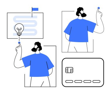 Adamın biri kredi kartına çip takıyor, ekranda ampul ve kredi kartı ikonu var. Teknoloji, finans, icat, dijital ödeme, yaratıcılık yenilikçi kullanıcı etkileşimi için idealdir. Çizgi