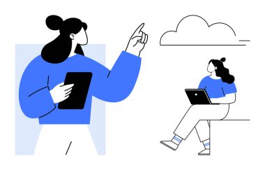 İki kadın etkileşimde, biri tablet tutuyor ve işaret ediyor, diğeri de dışarıda dizüstü bilgisayar kullanıyor. Takım çalışması, dijital iletişim, uzaktan çalışma, teknoloji, eğitim, beyin fırtınası, yaratıcılık için ideal