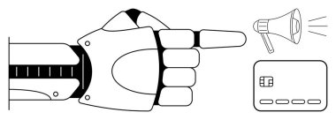 Robot el megafon ve kredi kartına işaret ediyor, etkileşim ve iletişimi vurguluyor. Yapay zeka, otomasyon, fintech, teknoloji benimsenmesi, pazarlama, dijital dönüşüm için ideal