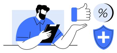 İşletme profesyonelinin elindeki panoda baş parmaklar, yüzde işareti ve sağlık kalkanı var. Kurumsal geri bildirim, güvenlik, sağlık sigortası, finans, iş değerlendirmeleri ve karar için ideal