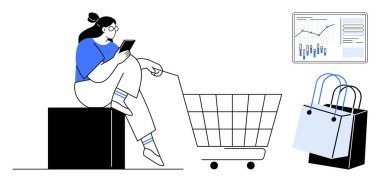 Bir kutunun üzerinde oturan kadın alışveriş arabasının, alışveriş çantalarının ve satış grafiğinin yanında akıllı telefon kullanıyor. E-ticaret, çevrimiçi alışveriş, perakende analizi, tüketici davranışı, satış eğilimleri, dijital