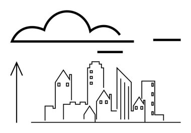 Minimalist çizgilerle çizilmiş kentsel ufuk çizgisi, üzerinde büyük bir bulut ve yukarı doğru bir ok var. Gayrimenkul, kentsel planlama, mimari, hava tahmini, büyüme eğilimleri, şehir gelişimi için ideal