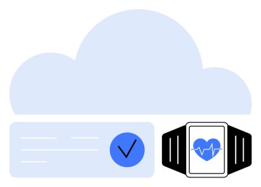 Smartwatch, büyük bulut grafik ve veri senkronizasyon işaretinin yanında kalp atışı simgesi gösteriyor. Sağlık izleme, giyilebilir teknoloji, veri senkronizasyonu, fitness izleme, teletıp, bulut