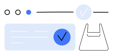 Daireler, çizgiler, kontrol işaretleri, alışveriş çantası ve açık mavi, beyaz ve siyah metin blokları. E-ticaret, görev yönetimi uygulaması UI onaylı yapılacaklar listesi çevrimiçi alışveriş ve tasarım için ideal