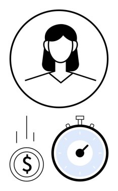 Dairesel çerçevede bir iş kadını avatarı, maddi yönlerini gösteren dolar işareti olan bozuk para, zaman yönetimini sembolize eden kronometre. Finans, iş, zaman, verimlilik ve para için ideal