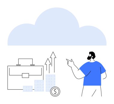 İş adamı evrak çantası, büyüme grafiği ve dolar sikkeleri ile bulutu işaret ediyor. Finans, bulut hesaplama, iş büyümesi, yatırımlar, finansal planlama teknolojisi entegrasyonu için idealdir. Satır metaforu