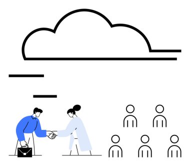 İki iş adamı el sıkışan evrak çantası, büyük bulut, izleyen altı takım üyesi. Takım çalışması, ortaklık, bulut hesaplama, işbirliği, anlaşmalar, iş anlaşmaları, modern