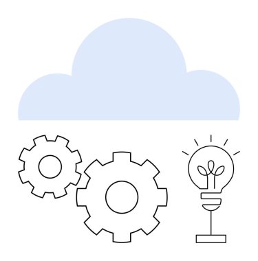 Birbirine bağlı iki vites ve fikri temsil eden ampul üzerinde bulut. Teknoloji, yenilik, bulut hesaplama, veri yönetimi, problem çözme, işbirliği ve mekanik süreçler için ideal