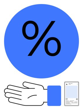 El, yüzde sembolü mavi daire, sosyal medya paylaşımı. Pazarlama, promosyonlar, indirimler, satışlar için ideal, çevrimiçi alışveriş görsel iletişim reklamları sosyal medya içeriği sunuyor. Çizgi