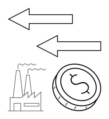 Bir dolar bozuk para ve iki yönlü okların yanında tüten bacaları olan sanayi tesisi, ekonomik değişim sürecini işaret ediyor. İş, ekonomi, finans, ticaret, imalat ve yatırımlar için ideal