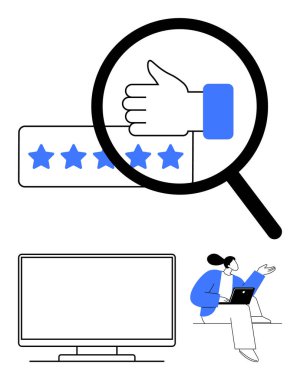 Magnifying glass examines thumbs up and five-star rating. Woman sits with laptop near a TV screen. Ideal for user feedback, quality assurance, digital reviews, online learning, remote work, customer clipart