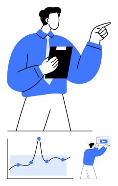Mavi elbiseli profesyonel, panoyu yukarıya doğru tutuyor. Grafiklerin ve çizelgelerin altında. İş analizleri, sunumlar, takım çalışması, strateji, eğitim ve büyüme için ideal. Çizgi