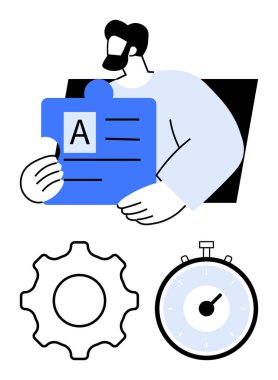 Yapboz parçası kronometresi tutan adam. Temalar için ideal sorun çözme, verimlilik, takım çalışması, zaman yönetimi, planlama, üretkenlik, yaratıcılık. Satır metaforu