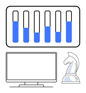 Altı çubuklu bar tablosu, bilgisayar ekranı ve strateji ve veri analizini temsil eden satranç şövalyesi. İş planlaması, karar verme, analiz, strateji oyunları, veri raporlama, liderlik için ideal