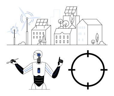 Rüzgar türbinleri ve güneş paneli binaları yenilenebilir enerjiyi temsil ederken, aşağıda bir robot etkileşime giriyor. Teknoloji, sürdürülebilirlik, kentsel planlama, robotik, yenilenebilir enerji, akıllı şehirler için ideal