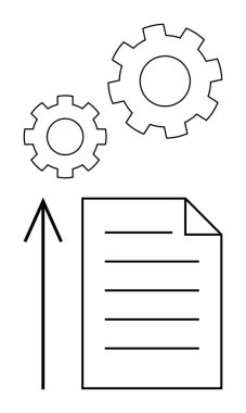 Metin satırlı kağıt sayfa, yukarı doğru ok ve birbirine bağlı iki vites. İş stratejileri, üretkenlik artırımı, yenilik kavramları, süreç iyileştirmesi, iş verimliliği, proje için ideal