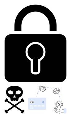 İnternet güvenliğini temsil eden kilit sembolü kafatası, çapraz kemikler, kredi kartı ve siber güvenlik tehditleri ve finansal güvenliği gösteren para sembolleri. Çevrimiçi dijital güvenlik için ideal