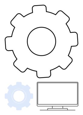 Daha küçük donanımlı ve aşağıda bilgisayar monitörü olan büyük bir dişli ana hat. Teknoloji ayarları, dijital çözümler, sistem yapılandırmaları, yazılım geliştirme, teknik destek için ideal