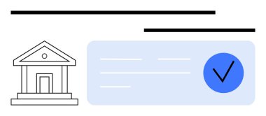 Banka binası, mali çekin yanında güvenli işlem sürecini gösteren onay işareti var. Bankacılık, finans, işlemler, güvenlik, ödemeler, finans hizmetleri, dijital