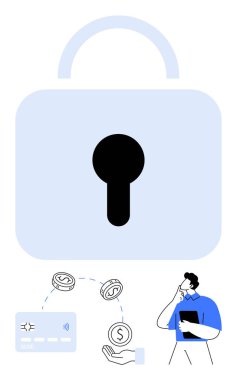 Veri güvenliğini temsil eden büyük bir asma kilit. Düşünceli bir ifadeyle, kredi kartıyla ve para ikonlarıyla elinde belgeler tutan bir işadamı. Siber güvenlik, fintech, veri koruması, online bankacılık için ideal