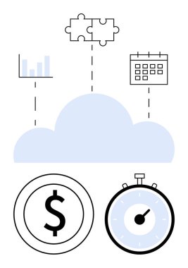 Bulut simgesi dolar sembolü bulmaca parçaları, takvim ve kronometreye bağlanıyor. Üretkenlik, bulut hesaplama, maliyet yönetimi, proje planlaması, verimlilik, veri analizi için ideal