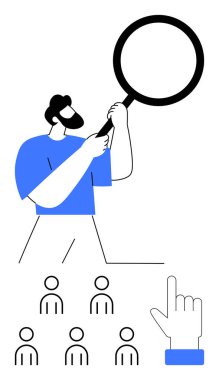 Elinde büyüteç tutan bir grup insan, el işaretçisi sembolü. Liderlik, adam toplama, gözlem, analiz, takım çalışması, insan kaynakları, yönetim için ideal. Satır metaforu