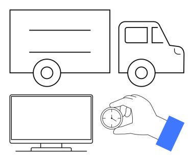Teslimat kamyonu, zamanlama için bir kronometre ve bir masaüstü monitörü. Lojistik, ulaşım, zaman yönetimi, dakiklik, online takip hizmetleri e-ticaret için idealdir. Çizgi