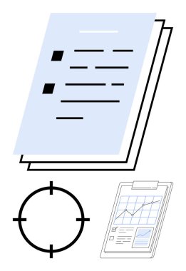 Kontrol işaretli iş belgeleri, hedef odaklama sembolü ve grafik ve çizelgeleri gösteren bir pano. Kurumsal planlama, proje yönetimi, hedef belirleme, stratejik analiz, pazarlama için ideal