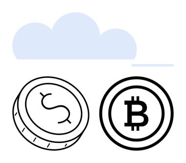 Bitcoin 'in yanında para bulutların altında. Engelleme zinciri, kripto para birimi, fintech, dijital işlemler, çevrimiçi ticaret, finansal teknoloji, bulut hesaplama için ideal. Satır metaforu
