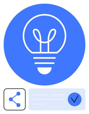 Fikir ve yeniliğin metaforu olarak mavi dairedeki ampul. Kutuda bir paylaşım simgesi ve işaretleme işareti içerir. Yaratıcılık, takım çalışması, proje onayları, beyin fırtınası, yenilik için ideal