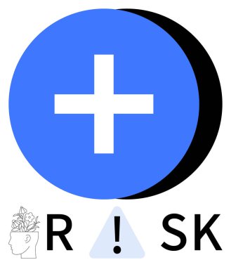 Beyaz haçlı mavi daire, siyah hilal şeklinin yanında. R ve SK harfleri arasında ünlem işareti olan güvenlik üçgeni. Risk yönetimi, akıl sağlığı, güvenlik yönergeleri ve sağlık için ideal