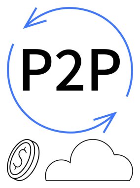P2P metin saat yönünde oklar, bulut ve dolar işaretli madeni para ile daire içine alınır. Finansal, teknoloji, kripto para birimi, ağ, iletişim, bulut hesaplama için ideal
