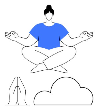 Mavi gömlekli kadın nilüfer çiçeği pozuyla meditasyon yapıyor, elleri Namaste ve bulut gibi havada yüzüyor. Meditasyon için ideal, farkındalık, sağIık, maneviyat, rahatlama, iç huzur, zihinsel