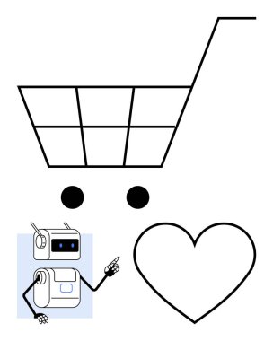 Robot alışveriş arabası iki siyah nokta dost canlısı bir robot hareketi ve bir kalp şekli. Teknoloji, robot bilimi, yapay zeka, e-ticaret, aşk, müşteri hizmetleri, gelecekteki alışverişler için ideal. Satır metaforu