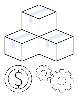 Üç karton kutu bir piramidin içinde dolar işareti ve çark var. Lojistik, nakliye, ticari işlemler, mali yönetim, ticaret, tedarik zinciri ve hizmetler için idealdir. Çizgi