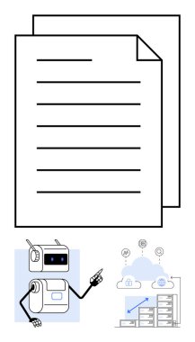 Bağlı çizgileri, bulut hesaplama simgeleri ve veri depolama illüstrasyonları olan katlanmış belgeleri gösteren robot. Teknoloji, yapay zeka, bulut hesaplama, veri yönetimi, iş dünyası, otomasyon için ideal