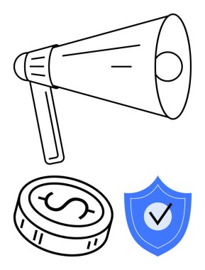 Duyurular için megafon, maddi meseleleri temsil eden dolar işareti olan para, onaylanmayı simgeleyen işaretli kalkan. Pazarlama, finans, güvenlik, iletişim, reklam için ideal