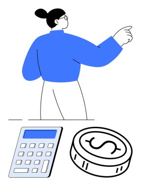 İşadamı bir hesap makinesi ve masada bir sikkeyle önde işaret ediyor. Finansal planlama, muhasebe hizmetleri, bütçe ipuçları, ekonomik tartışmalar, yatırım tavsiyeleri, iş büyümesi için ideal