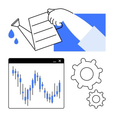 Elle dökülen su damlaları, yükselen grafiği gösteren borsa grafiği ve birbirine kenetlenmiş iki vites. Ticari büyüme, yatırım, analitik, mali kalkınma ve verimlilik için ideal