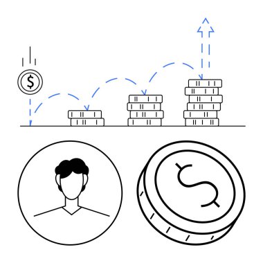 Kullanıcı avatarıyla yatırım büyümesini gösteren madeni para yığınlarının artması. Oklar ilerlemeyi ve yukarı doğru gidişatı gösteriyor. Ekonomi, finans, yatırım, kişisel tasarruflar, zenginlik için ideal