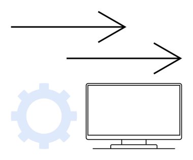 Oklar sağa dönük, bir vites ve bilgisayar ekranı. Teknoloji, ilerleme, iş akışı, yenilik, iş stratejisi büyümesi ve dijital dönüşüm temaları için ideal. Satır metaforu